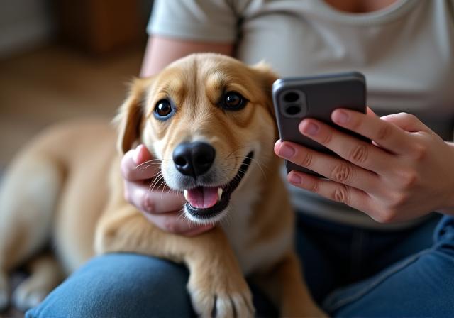 Pet owner contacting support on smartphone, with a happy dog nearby.
