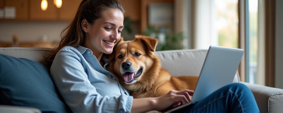 Pet owner contacting support on laptop, with a happy dog nearby.